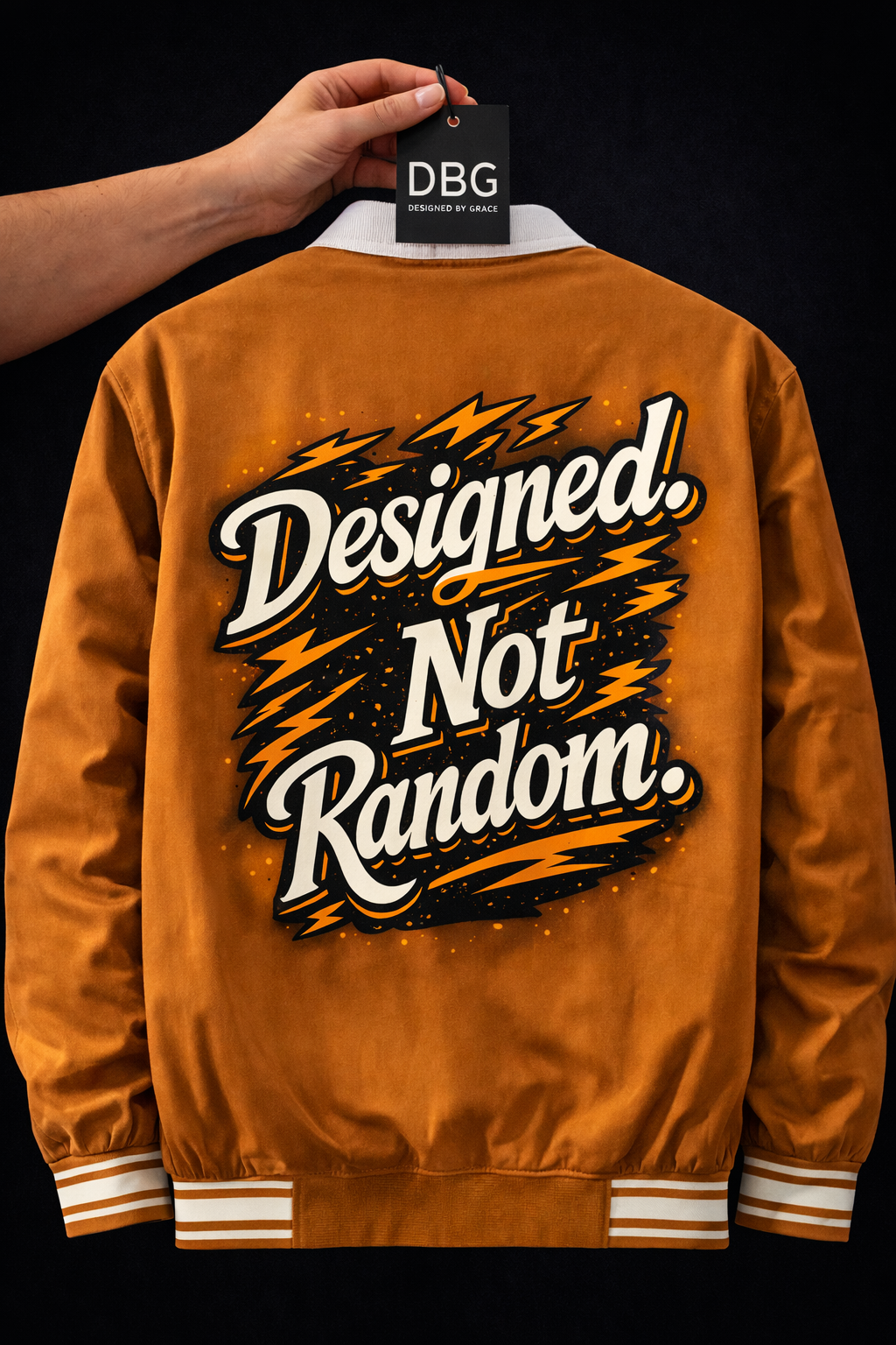 DESIGNED. NOT RANDOM. – Varsity Jacket (Orange)