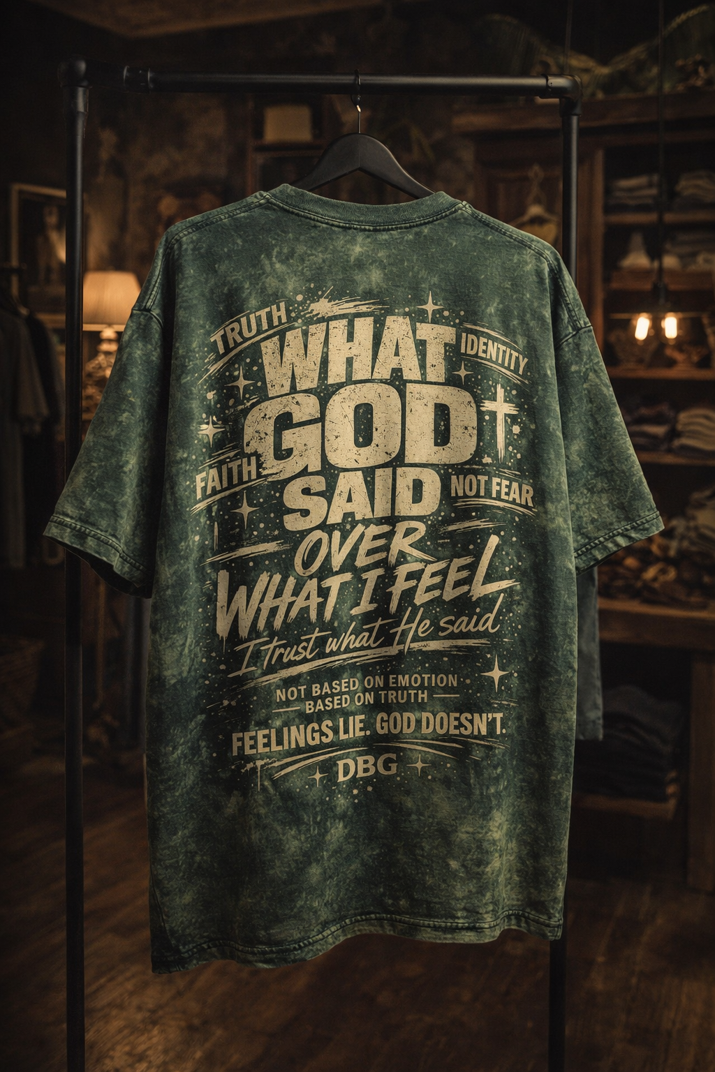 WHAT GOD SAID OVER WHAT I FEEL — Oversized Acid Wash Tee (Green)