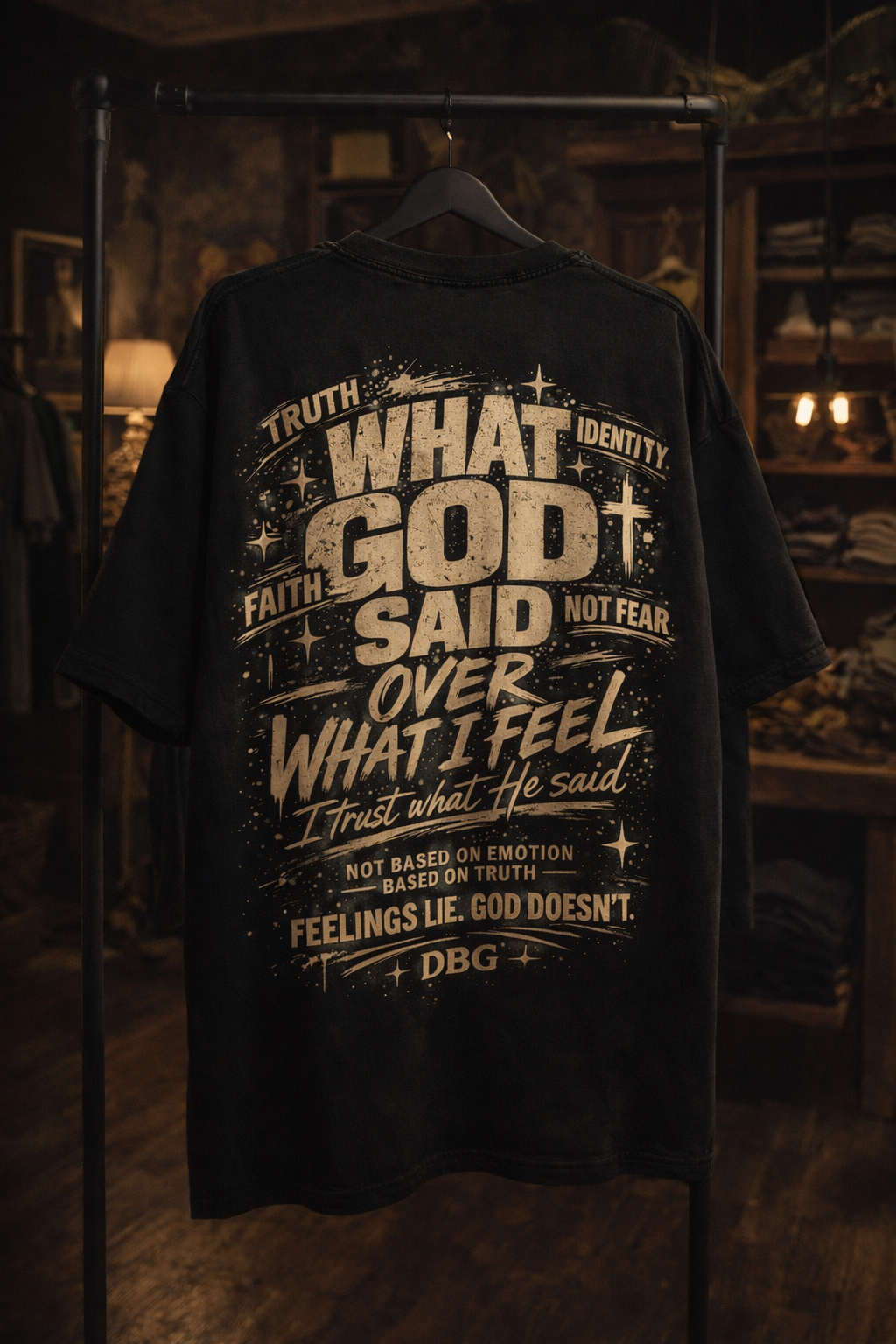 WHAT GOD SAID OVER WHAT I FEEL — Oversized Acid Wash Tee (Black)