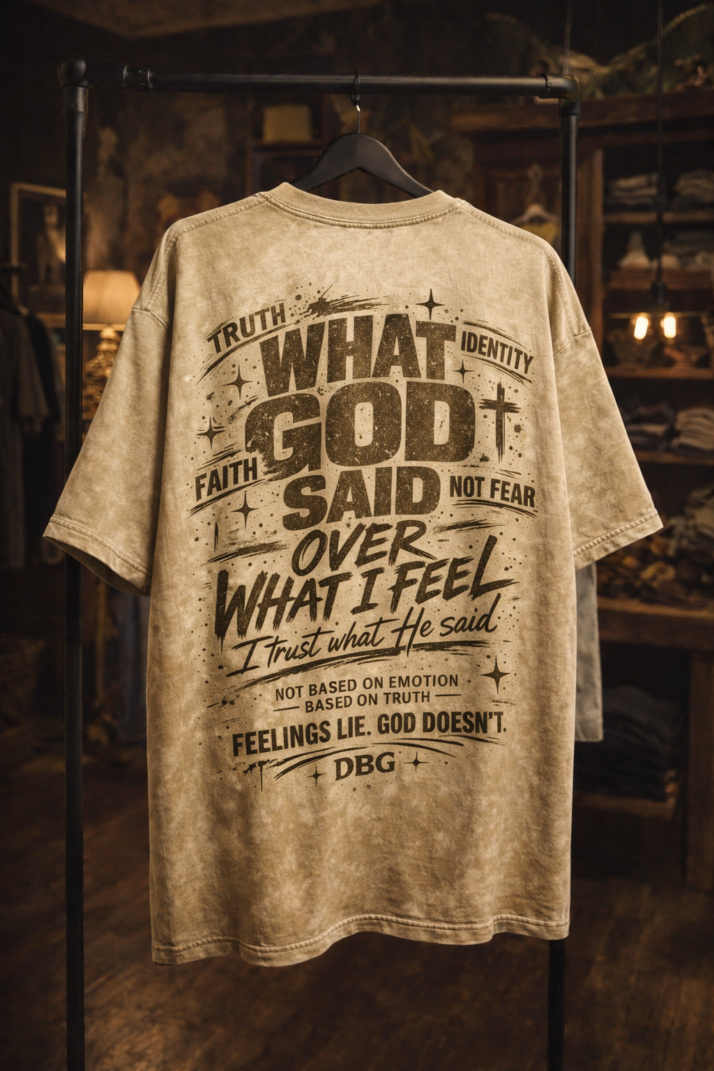 WHAT GOD SAID OVER WHAT I FEEL — Oversized Acid Wash Tee (Beige)