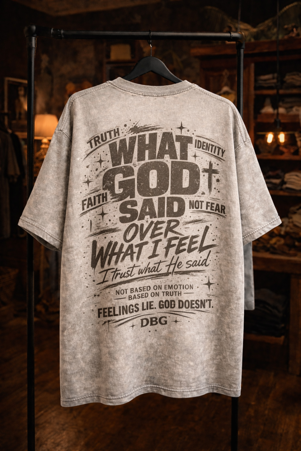 WHAT GOD SAID OVER WHAT I FEEL — Oversized Acid Wash Tee (Light Grey)