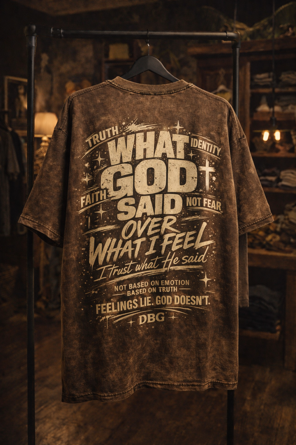 WHAT GOD SAID OVER WHAT I FEEL — Oversized Acid Wash Tee (Brown)